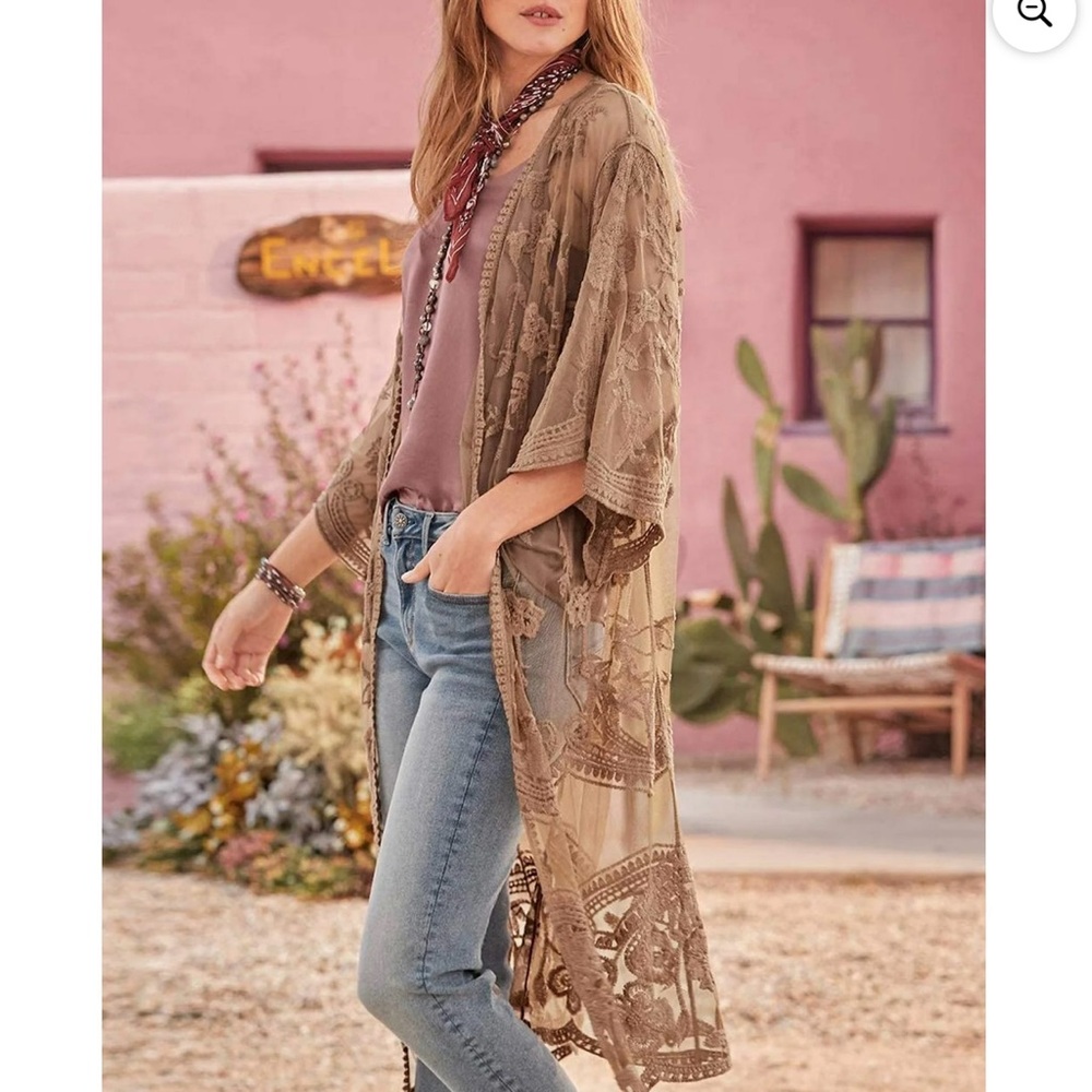 Bohemian Brown Lace Embroidered Floral Kimono Cardigan | Size S/M